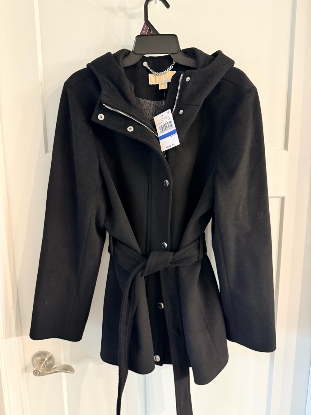 Michael Kors Black Hooded Belted Wool-Blend Coat - Women NWT Size XL